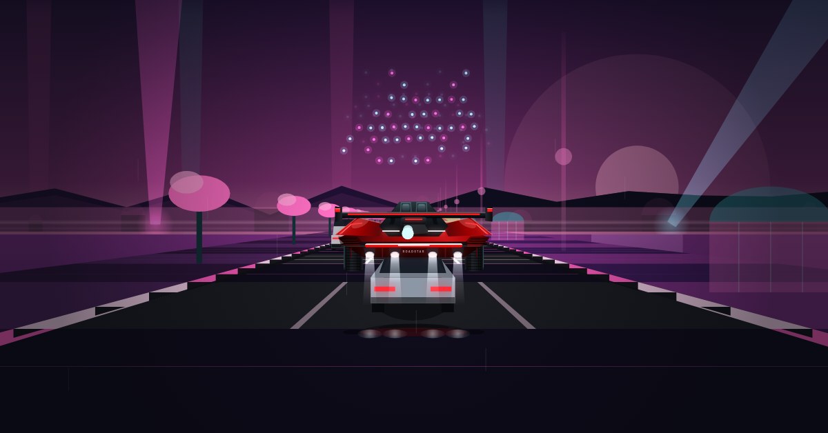 Roadstar gameplay: the red roadster jumps over a white car on four thruster jets, beneath a drone light show
